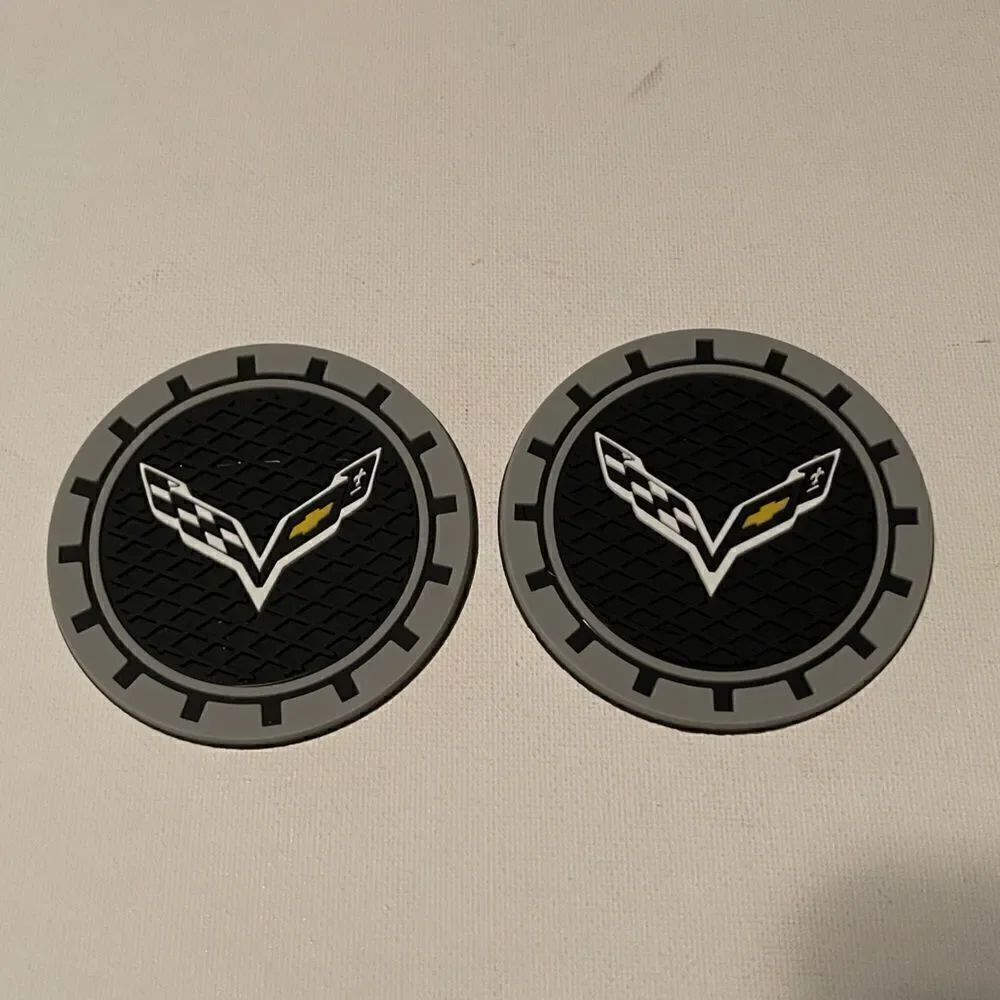 Corvette car cup Coasters in black and gray with logo Set of 2 NWT